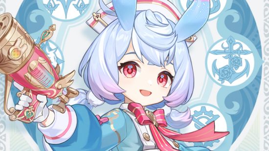 Genshin Impact Sigewinne's drip marketing banner, showing an adorable humanoid Melusine with white-blue hair and pink tips, light blue bunny ears, and a blue and punk outfit. She's holding a gold and pink gun