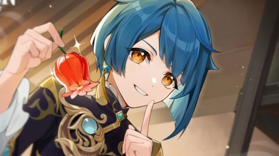 Art of Genshin Impact's Xingqiu looking cheeky and lifting his finger to his lips as he holds up a chili pepper, about to put it in some food