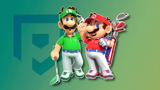 Golf games: Mario and Luigi from Mario Golf Super Rush, outlined in white and pasted on a green PT background emulating a golf course