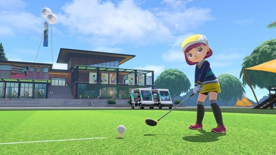 Golf games: A screenshot from Nintendo Switch Sports showing a female character teeing up on the golf course