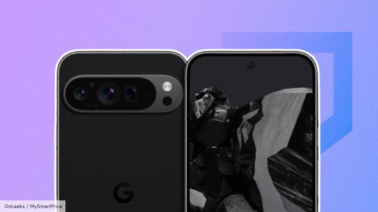 Custom image of renders from the Google Pixel 9 Pro leak from OnLeaks and MySmartPrice on a blue background