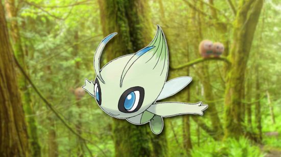 Grass Pokemon Celebi outlined in white and pasted on a blurred background