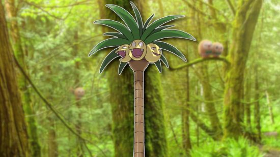 Grass Pokemon Alolan Exeggutor outlined in white and pasted on a blurred background