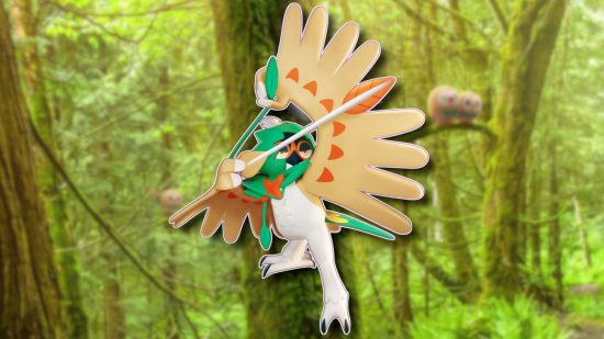Grass Pokemon Decidueye from Unite pulling back its bow, outlined in white and pasted on a blurred background