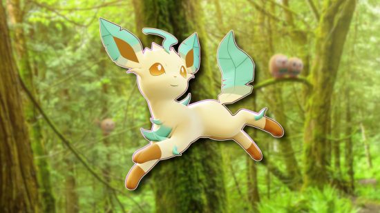 Grass Pokemon Leafeon from Unite galloping, outlined in white and pasted on a blurred background