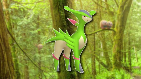 Grass Pokemon Virizion outlined in white and pasted on a blurred background