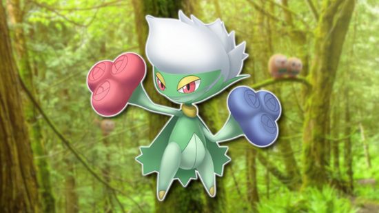 Grass Pokemon Roserade outlined in white and pasted on a blurred background