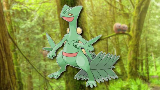 Grass Pokemon Sceptile outlined in white and pasted on a blurred background