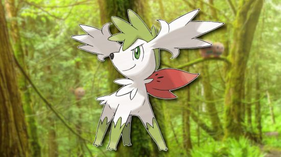 Grass Pokemon Shaymin in sky form outlined and pasted on a blurred background