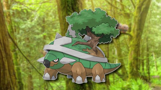 Grass Pokemon Torterra outlined in white and pasted on a blurred background