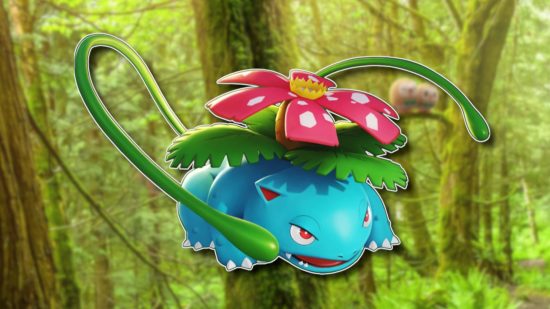 Grass Pokemon Venusaur's model from Unite attacking with its vines, outlined in white and pasted on a blurred background
