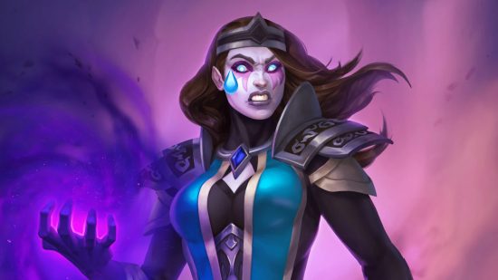 Hearthstone discontinuing Duels: Mindrender Illucia's hero art from Duels with a teardrop emoji placed next to her right (our left) eye as if she is crying. She already has an angry/frustrated expression