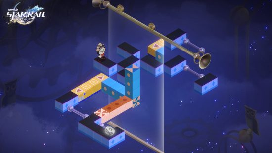 A screenshot from a Honkai Star Rail event, Hanu's Prison Break, showing a cartoon clock standing on a floating maze puzzle