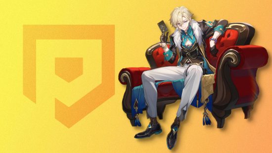 Honkai Star Rail characers - Aventurine sitting in a red chair against a yellow background