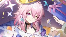 Honkai Star Rail March 7th with a crown on her head and a fork full of cake in front of her