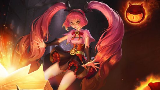Honor of Kings characters: Angela's character art showing her reading a glowing magic tome