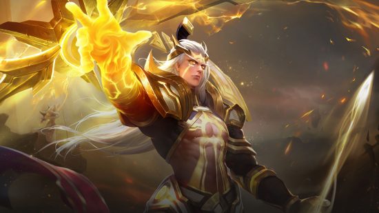 Honor of Kings characters: Solarus' character art showing him with a glowing yellow hand