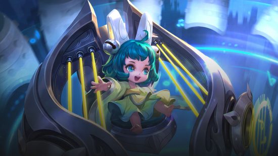 Honor of Kings characters: Little Lute's adorable character art showing her sat in her harp