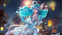 How to play Honor of Kings: Dolia outlined and drop shadowed on a Lunar New Year scene from the game