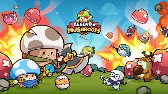 Artwork from one of the best idle games, Legend of Mushroom, showing a group of mushrooms and monsters facing each other in battle