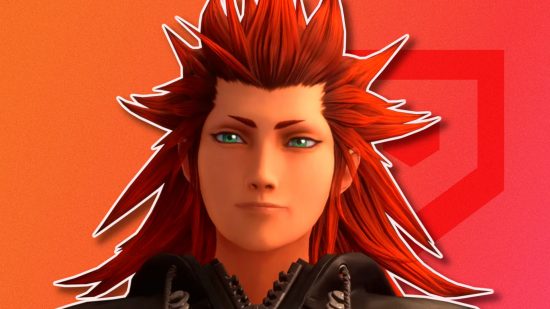 Kingdom Hearts Axel smiling in front of a red Pocket Tactics background