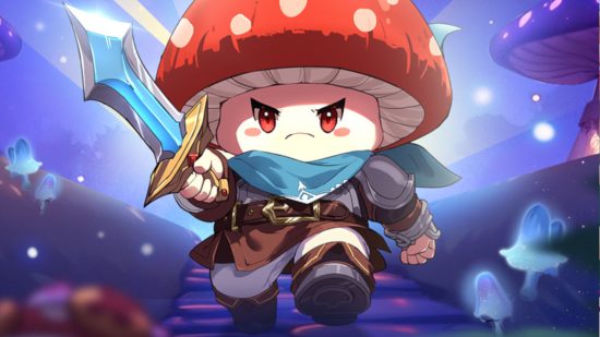 A picture from one of the best mobile games, Legend of Mushroom, showing a cute mushroom warrior charging into battle