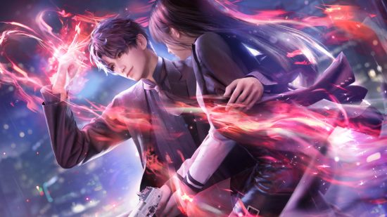 Love and Deepspace banner - artwork from one of Rafayel's memories, showing him wrapping his arm around the protagonist and raising his blade as they're surrounded in red light