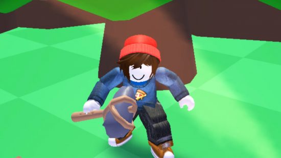 Lumberjack Simulator codes: An avatar in a pizza jumper holding a stone axe in front of a tree trunk