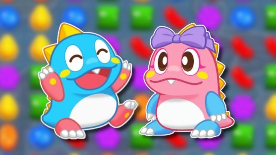 Match 3 games: Bob and Peb from Puzzle Bobble Everybubble outlined in white and pasted on a blurred Candy Crush grid