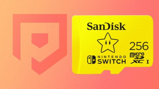 Custom image of a yellow 256GB micro sd for Switch on a pink background