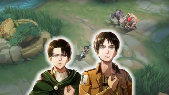 Mobile Legens Attack on Titan collaboration: Levi and Eren stood in front of a battle