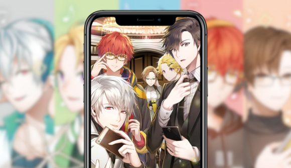 Mystic Messenger emails: New art of the boys posing with their phones as an iPhone background, pasted on a blurred graphic of the main 5