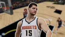 Custom image of the Denver Nuggets player Nikola Jokić on a basketball court background for NBA Infinite preview