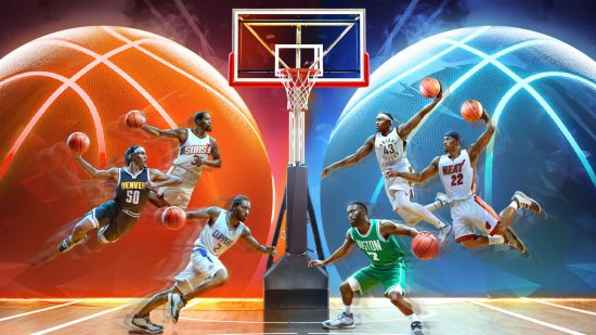 Official art for NBA Infinite release date with various players advancing on the basket