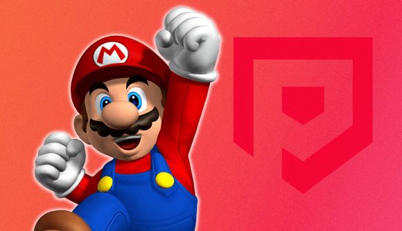 new Mario game: Mario jumping in the air raising a fist on a red background