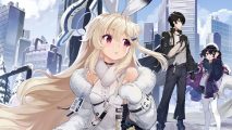 Echocalypse codes - a blonde girl with bunny ears wearing a fluffy coat and scarf as she looks over her shoulder at a dark haired boy and girl behind her
