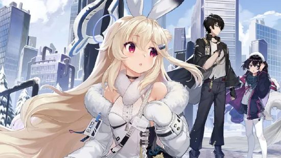 Echocalypse codes - a blonde girl with bunny ears wearing a fluffy coat and scarf as she looks over her shoulder at a dark haired boy and girl behind her
