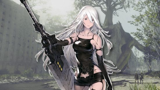 Nier Automata's A2 outlined in white and pasted on a high quality screenshot of the game