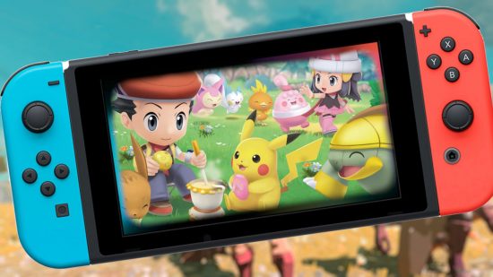 Nintendo Switch with Pokemon on screen in front of Zelda background