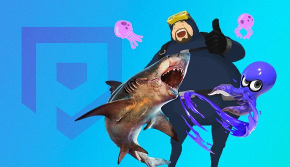 ocean games - Dave the Diver, a giant shark, and a Splatoon squid on a blue background