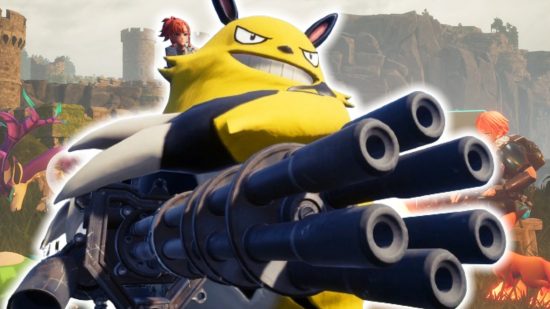 Palworld Switch: A huge yellow and black pal with a human on its back and it's holding a huge machine gun