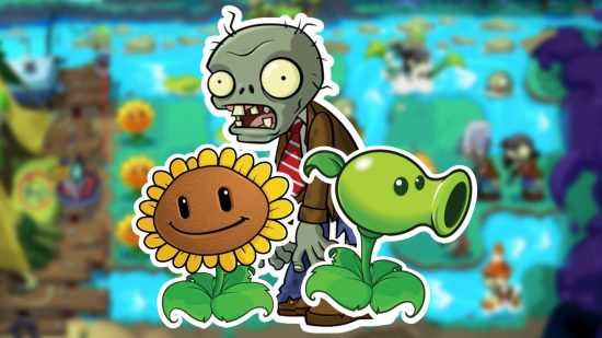 plants vs zombies 3 - two plants and a zombie against a backgdrop of a Plants vs Zombies level