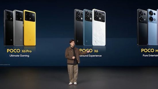 Poco X6 series and M6 Pro launch event with device options seen on screen