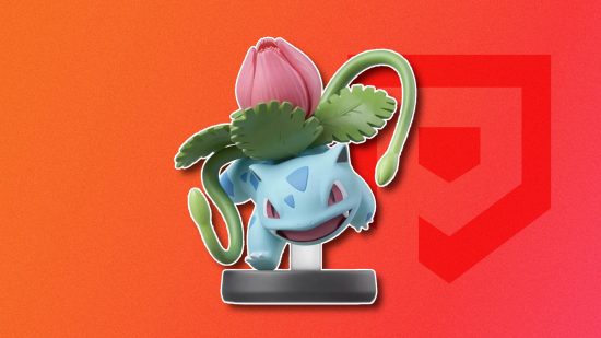 Pokemon figures: The Ivysaur amiibo outlined in white and pasted on a red PT background