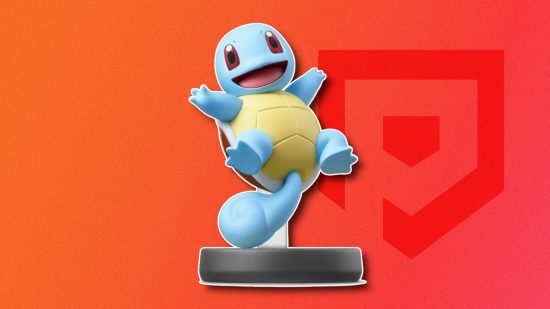 Pokemon figures: Squirtle's amiibo outlined in white and pasted on a red PT background