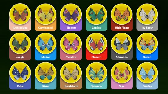 All of the Pokémon Go Vivillon types against a black background