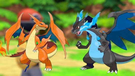 Charizard Mega Evolutions in front of Pokemon BDSP background