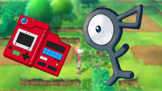 Pokedex and Unown Pokemon in front of Pokemon game background