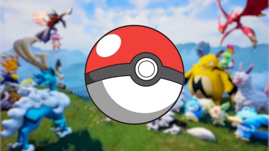 Pokeball in front of Palworld background