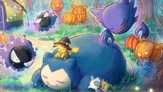 Pokémon Sleep recipes - A sleeping Snorlax surrounded by a sleeping Pikachu and some ghost Pokémon